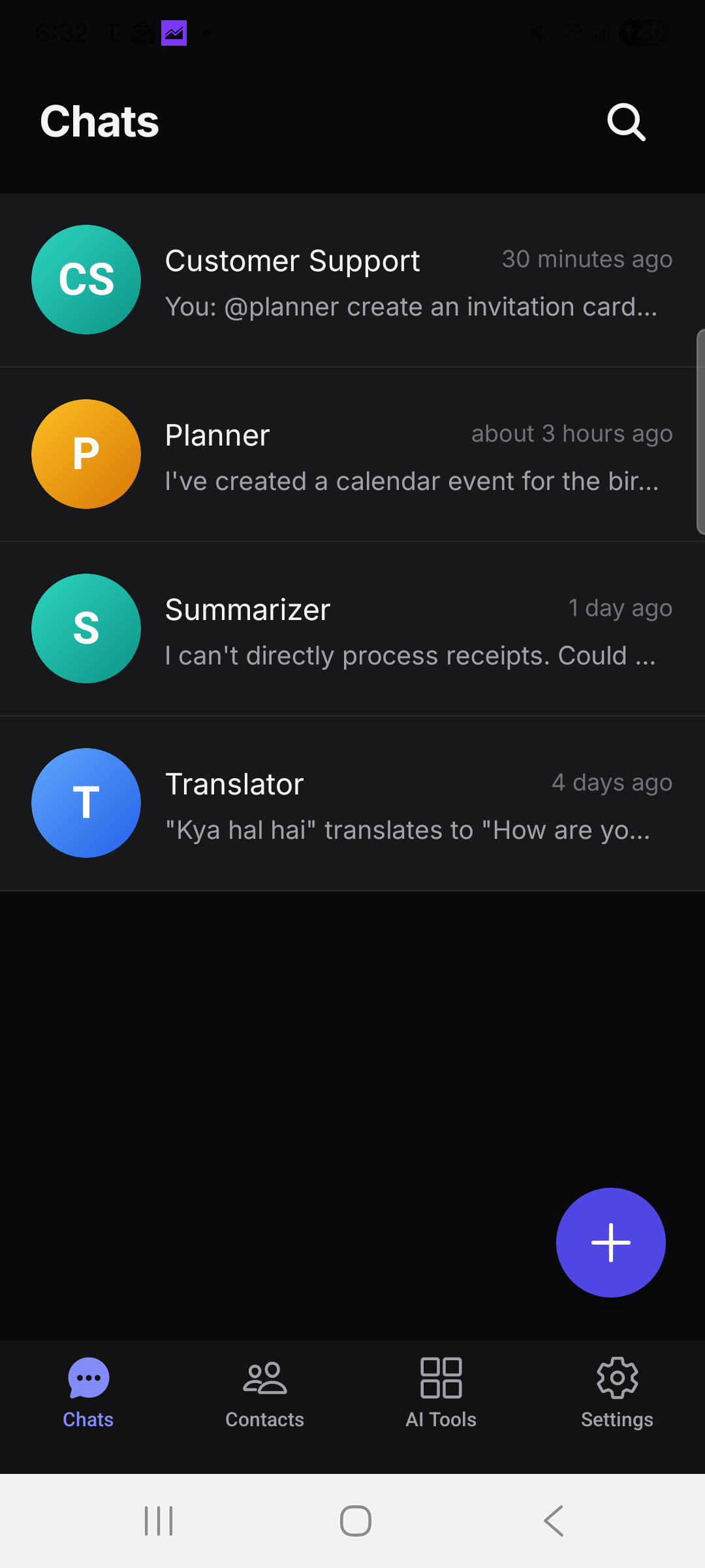 Zamm chat list with AI agents like Planner, Summarizer, and Translator