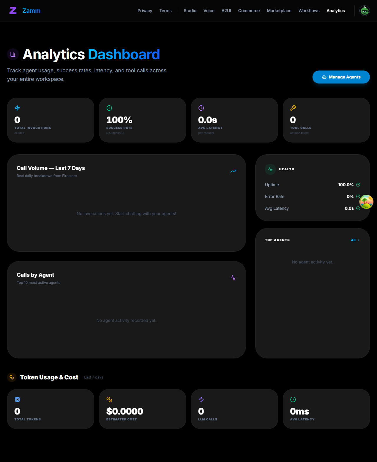 Zamm Studio analytics dashboard showing usage metrics and health monitoring