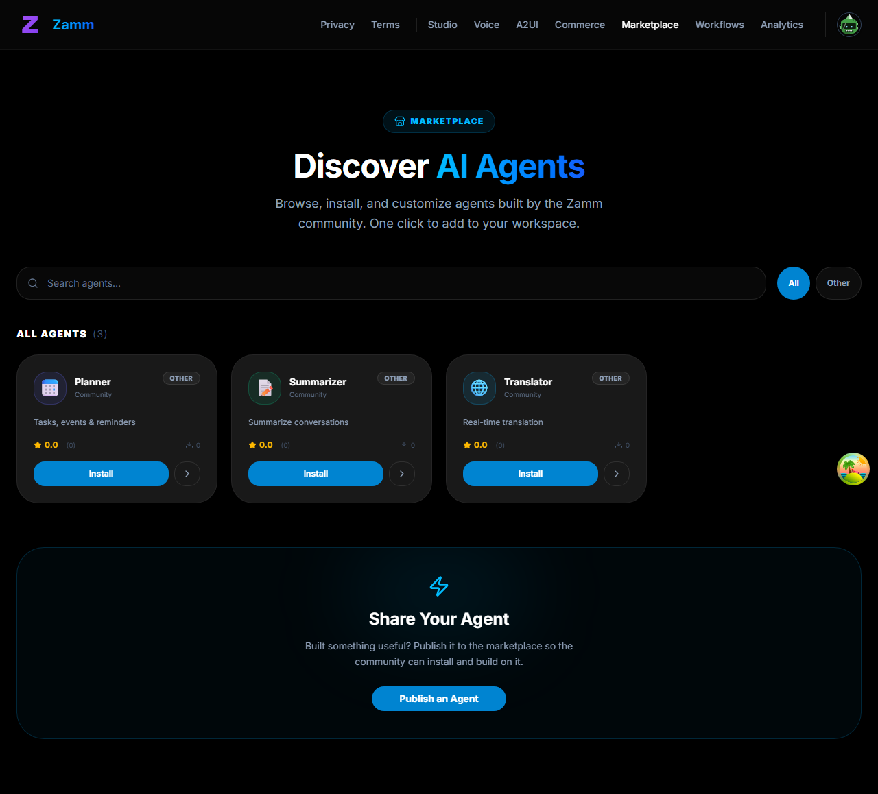 Zamm Studio marketplace with installable AI agents